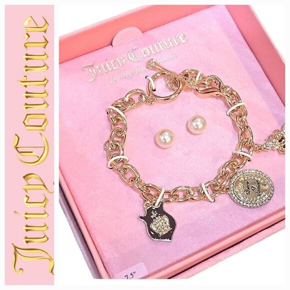 Juicy Couture Bumblebee & Logo Pendant Charm Link Bracelet & Earring Set - Picture 1 of 5